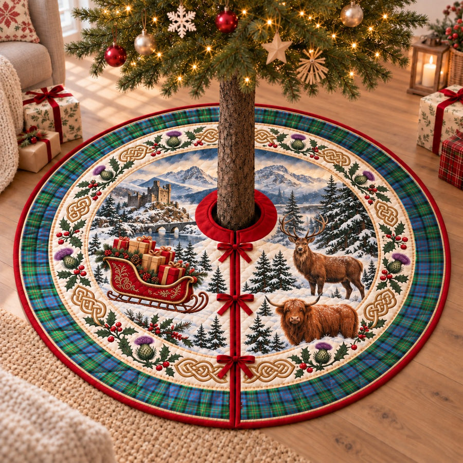 Bowie Ancient tartan Christmas tree skirt with a Scottish Highland scene, stag, Highland cow and thistles under a Christmas tree