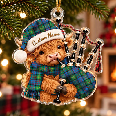 Clan Bowie Ancient Tartan Piper Highland Cow Ornament with Custom Name