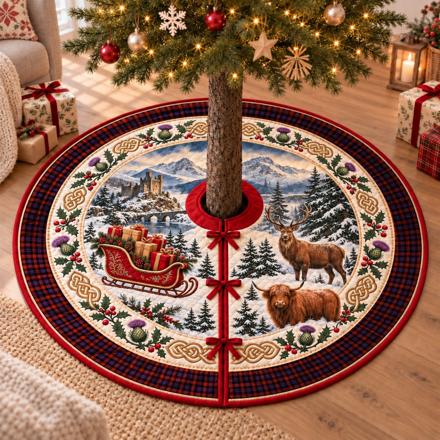 Broun tartan Christmas tree skirt with a Scottish Highland scene, stag, Highland cow and thistles under a Christmas tree