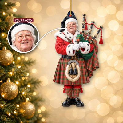 Clan Bruce Modern Tartan Christmas Piper Ornament with Custom Photo