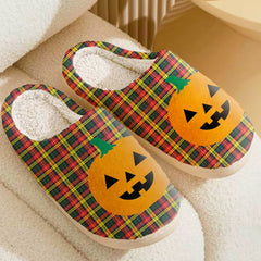 Clan Buchanan Modern Tartan Halloween Pumpkin Slippers, Fluffy Spooky Slippers MA59 Buchanan Modern Tartan Tartan Halloween
