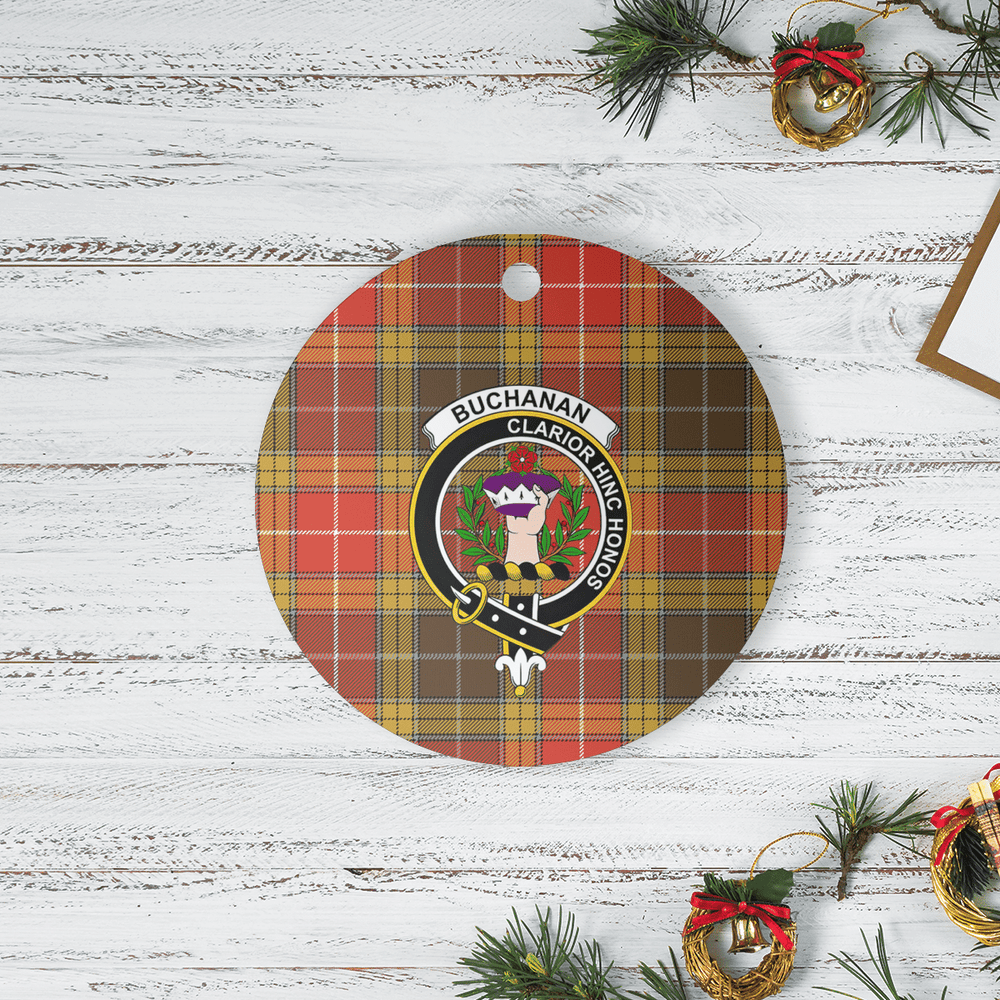 Clan Buchanan Old Set Weathered Tartan Crest Round Ceramic Ornament SB58 Buchanan Old Set Weathered Tartan Tartan Christmas