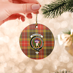 Clan Buchanan Old Set Weathered Tartan Crest Round Ceramic Ornament SB58 Buchanan Old Set Weathered Tartan Tartan Christmas