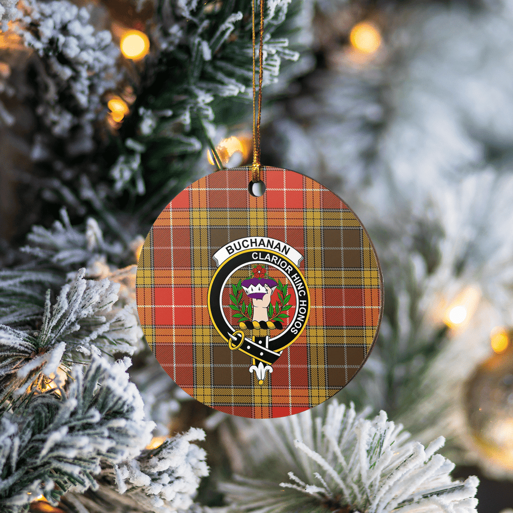 Clan Buchanan Old Set Weathered Tartan Crest Round Ceramic Ornament SB58 Buchanan Old Set Weathered Tartan Tartan Christmas