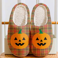 Clan Buchanan Old Set Weathered Tartan Halloween Pumpkin Slippers, Fluffy Spooky Slippers BA98 Buchanan Old Set Weathered Tartan Tartan Halloween