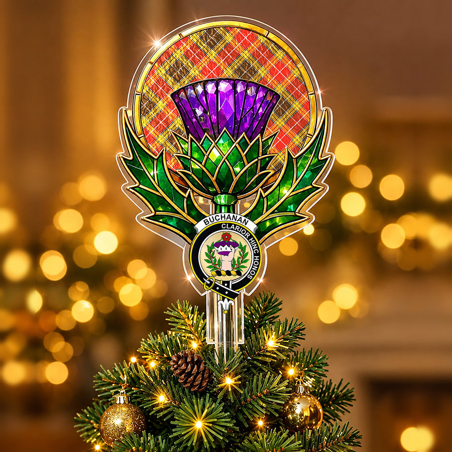 Clan Buchanan crest in the centre of a stained-glass style thistle Christmas tree topper with the Buchanan Old Set Weathered tartan behind the thistle