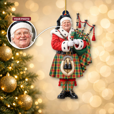 Clan Buchanan Old Sett Tartan Christmas Piper Ornament with Custom Photo