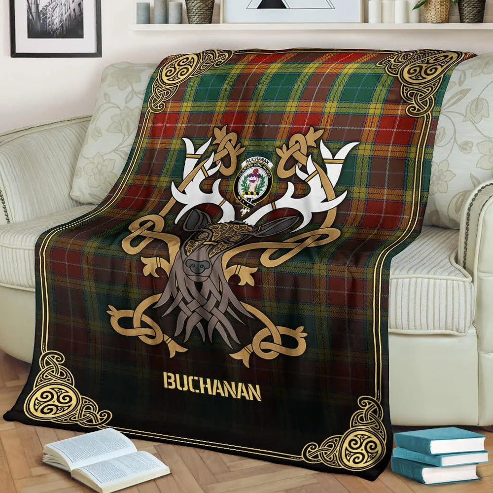 Clan Buchanan Old Sett Tartan Crest Premium Blanket Celtic Stag Style KA99 Clan Buchanan Tartan Today
