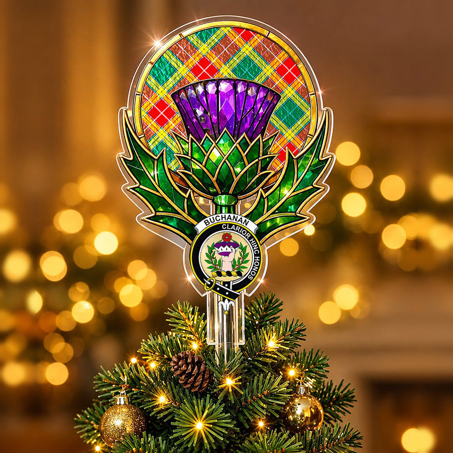 Clan Buchanan crest in the centre of a stained-glass style thistle Christmas tree topper with the Buchanan Old Sett tartan behind the thistle