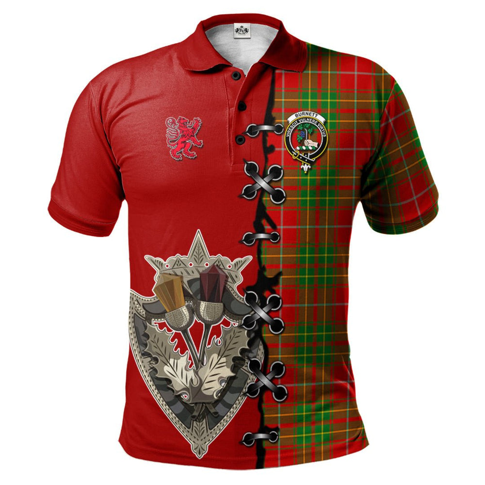 Clan Burnett Ancient Tartan Polo Shirt - Lion Rampant And Celtic Thistle Style AM90 Burnett Ancient Tartan Tartan Polo