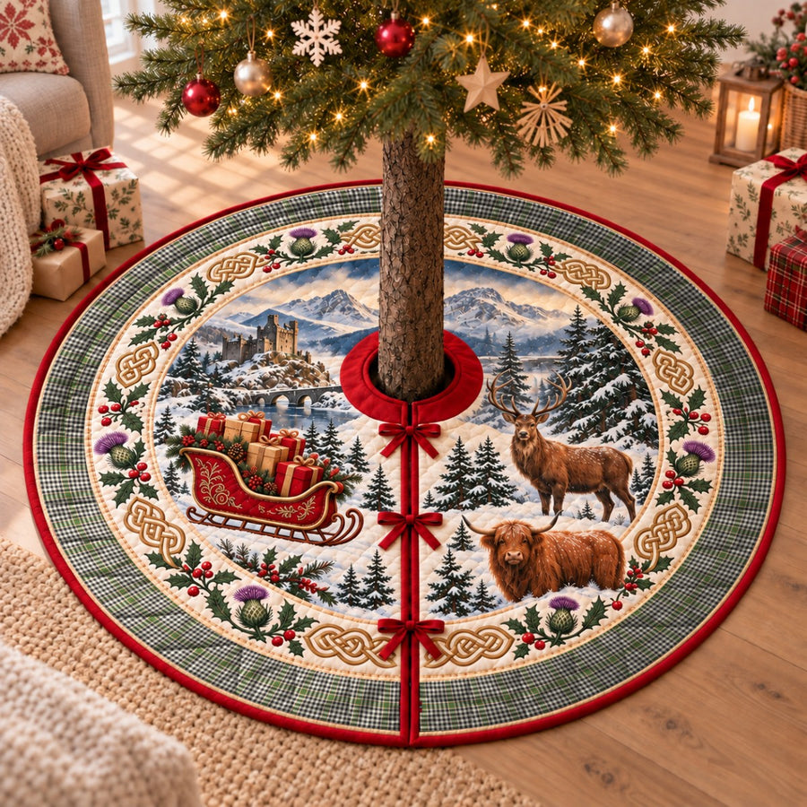 Burns Check tartan Christmas tree skirt with a Scottish Highland scene, stag, Highland cow and thistles under a Christmas tree