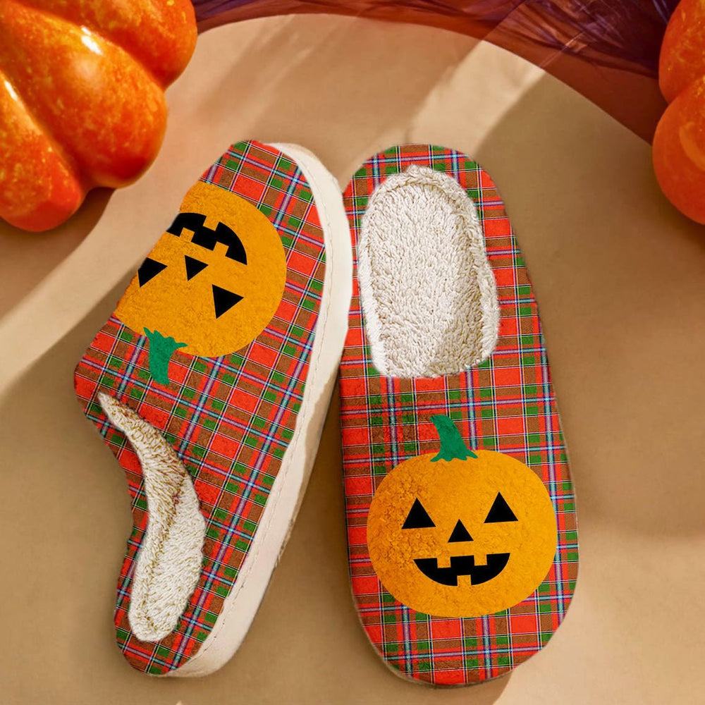 Clan Butter Tartan Halloween Pumpkin Slippers, Fluffy Spooky Slippers DU32 Butter Tartan Tartan Halloween