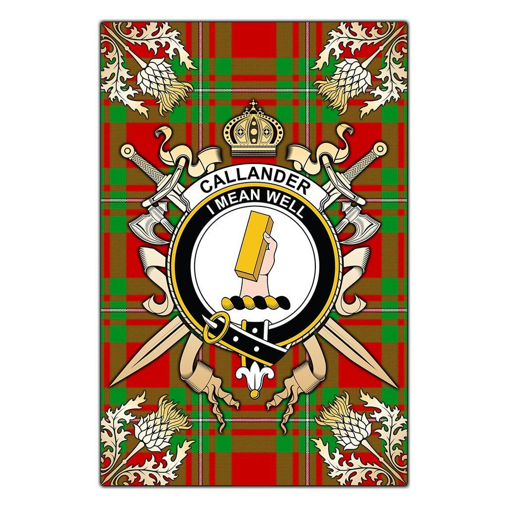 Clan Callander Modern Tartan Crest Black Garden Flag - Gold Thistle RH76 Clan Callander Tartan Today