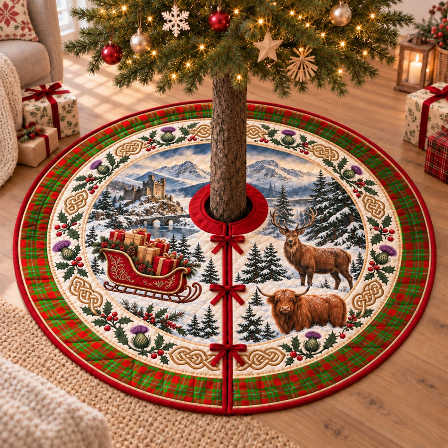 Callander Modern tartan Christmas tree skirt with a Scottish Highland scene, stag, Highland cow and thistles under a Christmas tree