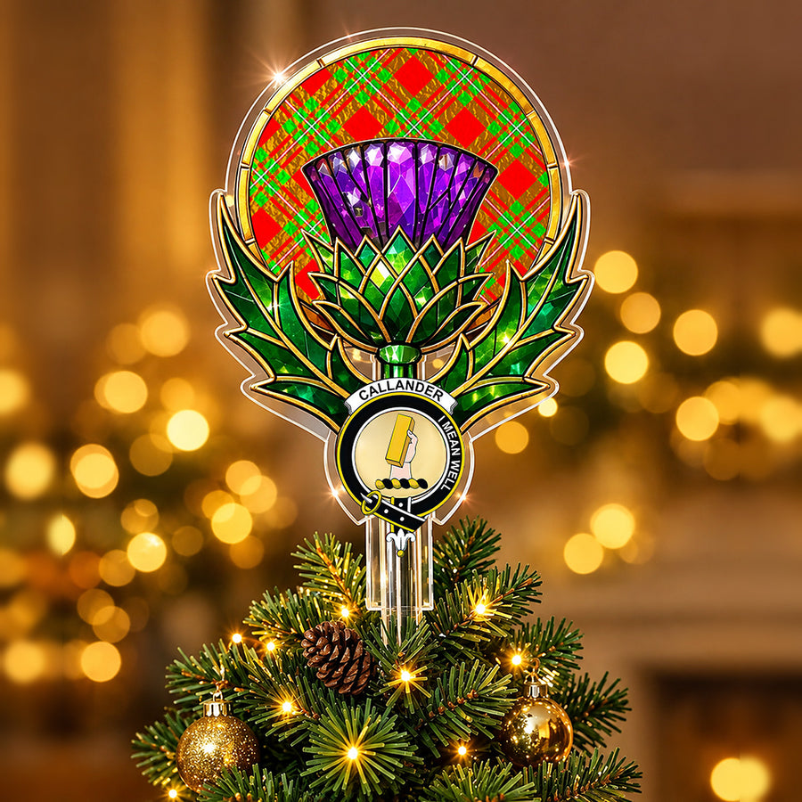Clan Callander crest in the centre of a stained-glass style thistle Christmas tree topper with the Callander Modern tartan behind the thistle