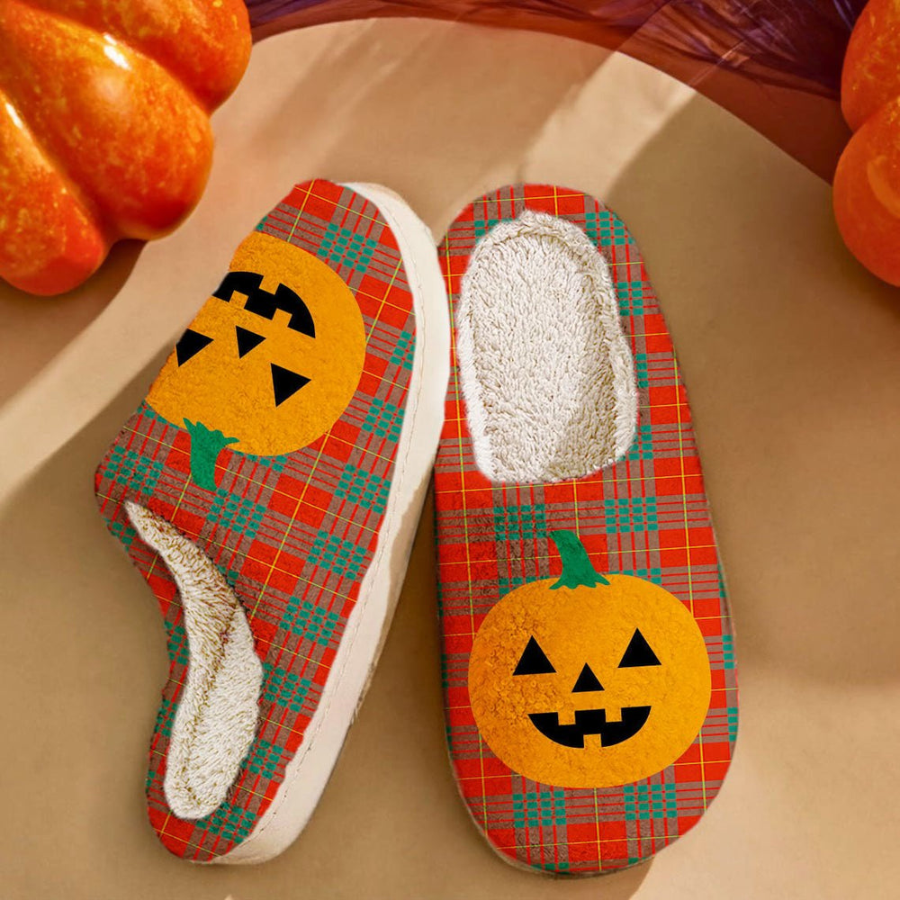 Clan Cameron Ancient Tartan Halloween Pumpkin Slippers, Fluffy Spooky Slippers KJ32 Cameron Ancient Tartan Tartan Halloween