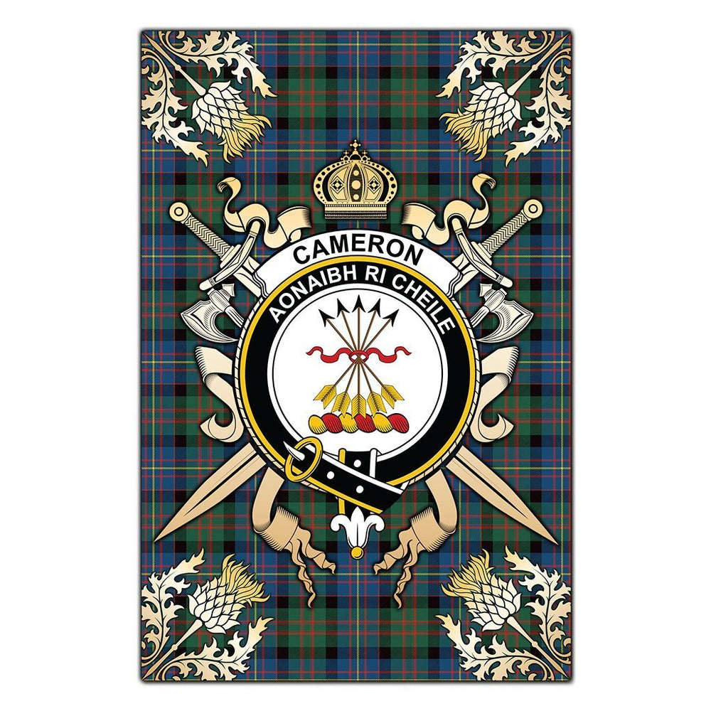 Clan Cameron Of Erracht Ancient Tartan Crest Black Garden Flag - Gold Thistle QE83 Clan Cameron Tartan Today