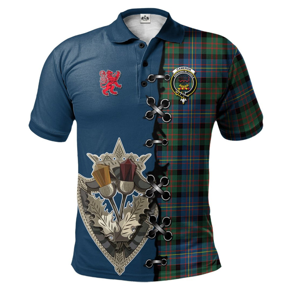 Clan Cameron of Erracht Ancient Tartan Polo Shirt - Lion Rampant And Celtic Thistle Style PP30 Cameron of Erracht Ancient Tartan Tartan Polo