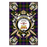 Clan Cameron Of Erracht Modern Tartan Crest Black Garden Flag - Gold Thistle YB11 Clan Cameron Tartan Today