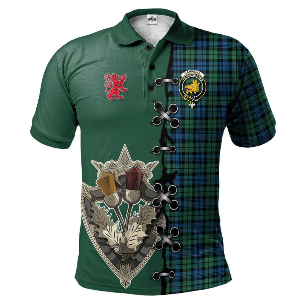 Clan Campbell Ancient 02 Tartan Polo Shirt - Lion Rampant And Celtic Thistle Style OE14 Campbell Ancient 02 Tartan Tartan Polo
