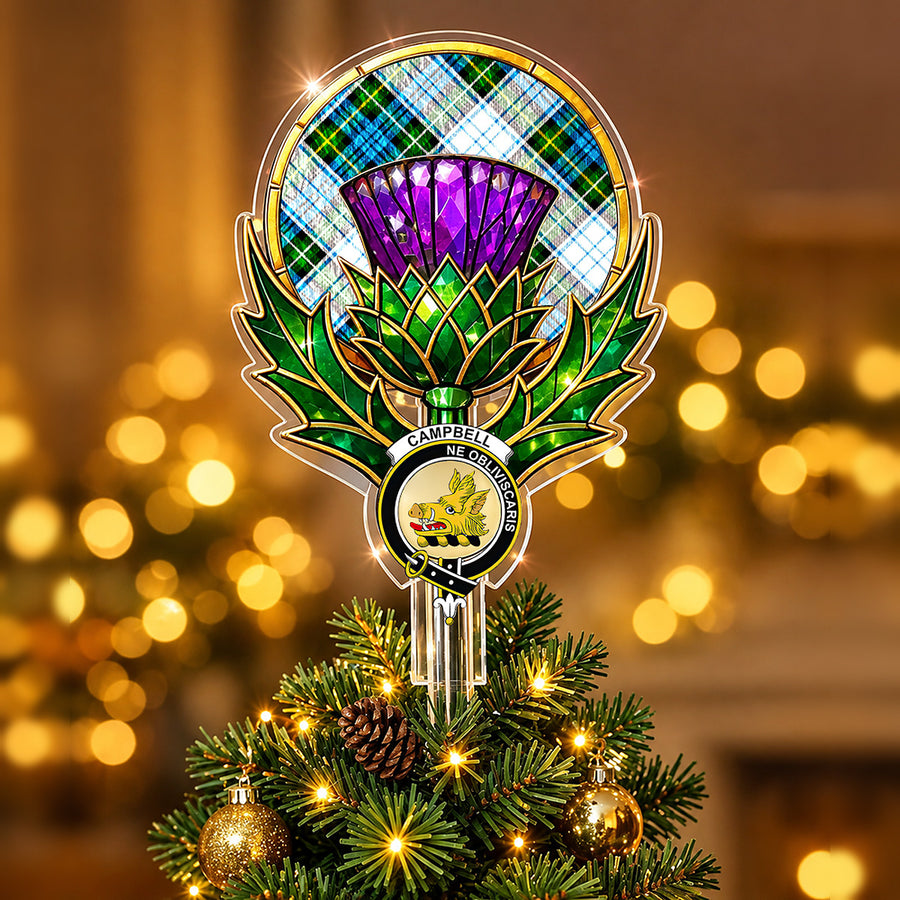 Clan Campbell crest in the centre of a stained-glass style thistle Christmas tree topper with the Campbell Dress tartan behind the thistle