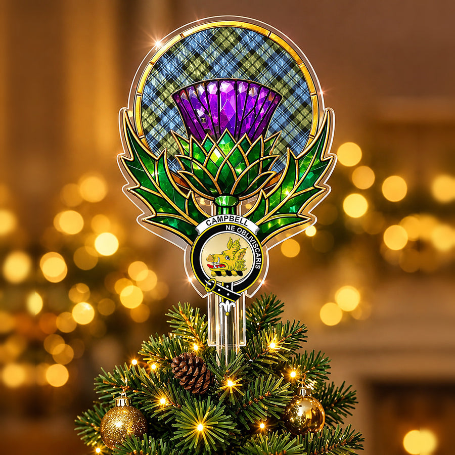 Clan Campbell crest in the centre of a stained-glass style thistle Christmas tree topper with the Campbell Faded tartan behind the thistle