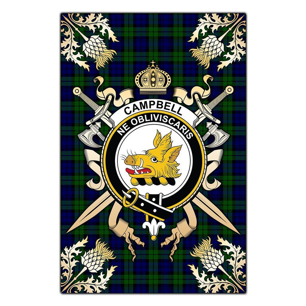 Clan Campbell Modern Tartan Crest Black Garden Flag - Gold Thistle RZ19 Clan Campbell Tartan Today