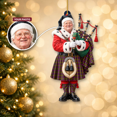 Clan Carnegie Modern Tartan Christmas Piper Ornament with Custom Photo