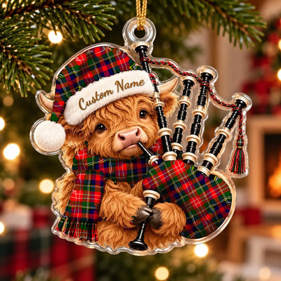 Clan Christie Tartan Piper Highland Cow Ornament with Custom Name