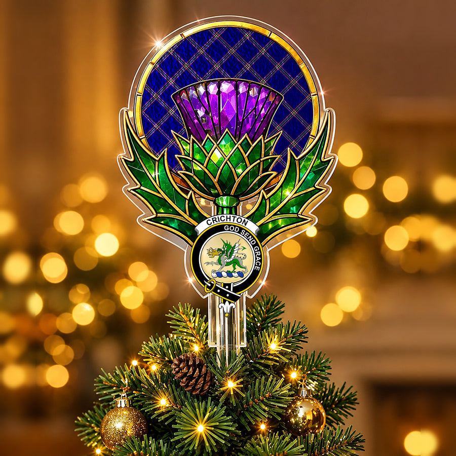 Clan Crichton crest in the centre of a stained-glass style thistle Christmas tree topper with the Crichton tartan behind the thistle
