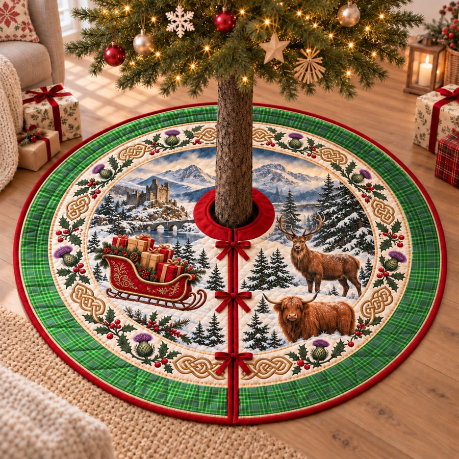 Currie tartan Christmas tree skirt with a Scottish Highland scene, stag, Highland cow and thistles under a Christmas tree