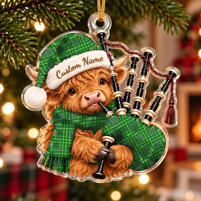 Clan Currie Tartan Piper Highland Cow Ornament with Custom Name