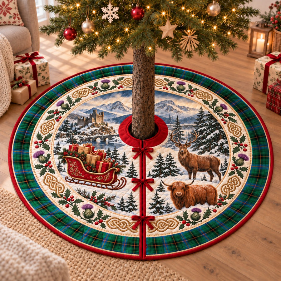 Davidson Ancient tartan Christmas tree skirt with a Scottish Highland scene, stag, Highland cow and thistles under a Christmas tree