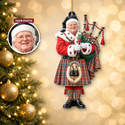 Clan Drummond of Strathallan Tartan Christmas Piper Ornament with Custom Photo