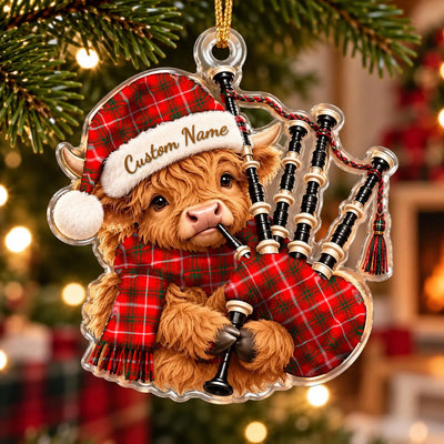 Clan Duke of Rothesay Modern Tartan Piper Highland Cow Ornament with Custom Name