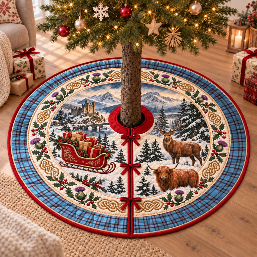 Elliot Ancient tartan Christmas tree skirt with a Scottish Highland scene, stag, Highland cow and thistles under a Christmas tree