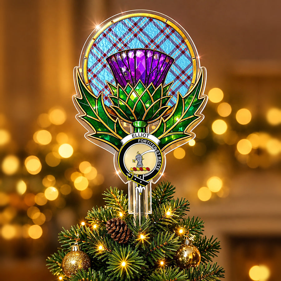 Clan Elliot crest in the centre of a stained-glass style thistle Christmas tree topper with the Elliot Ancient tartan behind the thistle