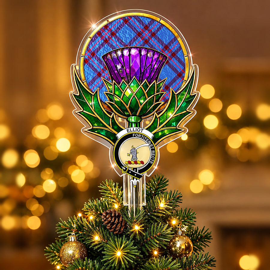 Clan Elliot crest in the centre of a stained-glass style thistle Christmas tree topper with the Elliot Modern tartan behind the thistle