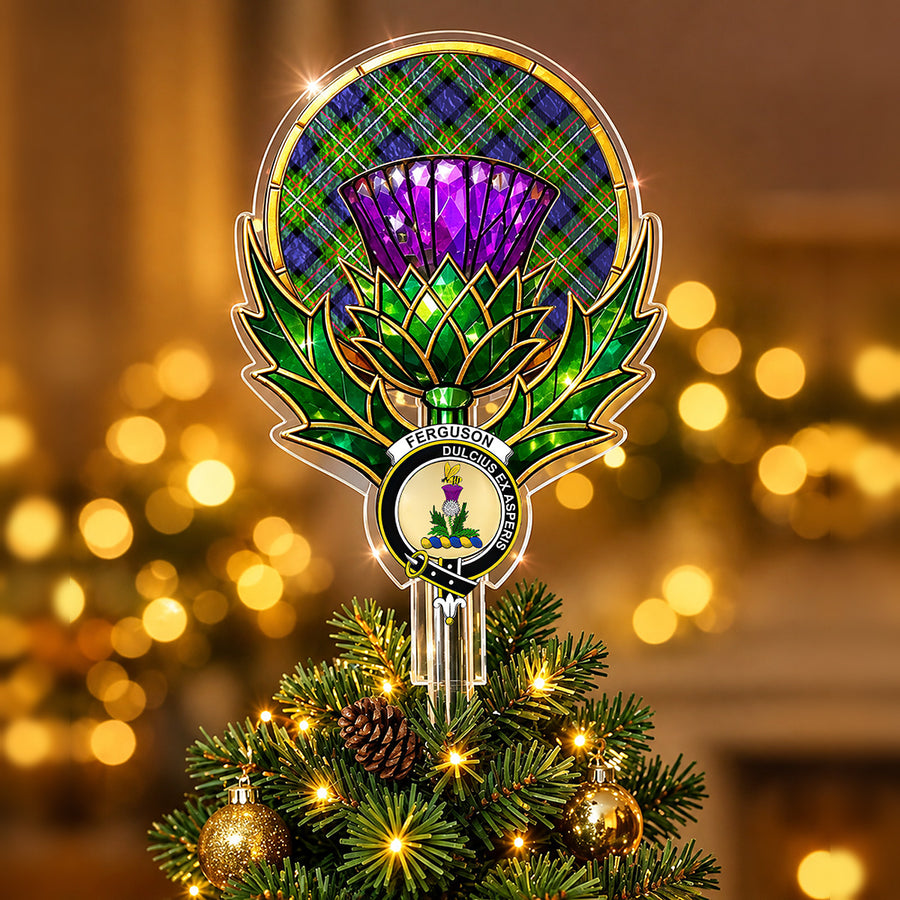 Clan Fergusson crest in the centre of a stained-glass style thistle Christmas tree topper with the Fergusson Modern tartan behind the thistle