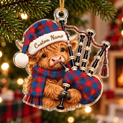 Clan Galloway Red Tartan Piper Highland Cow Ornament with Custom Name