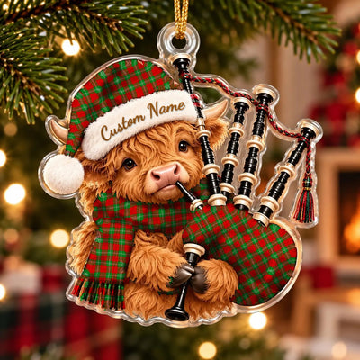 Clan Gartshore Tartan Piper Highland Cow Ornament with Custom Name
