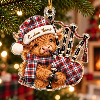 Clan Glasgow District Tartan Piper Highland Cow Ornament with Custom Name