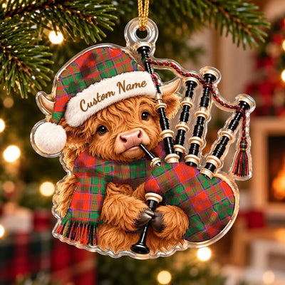 Clan Grant Ancient Tartan Piper Highland Cow Ornament with Custom Name
