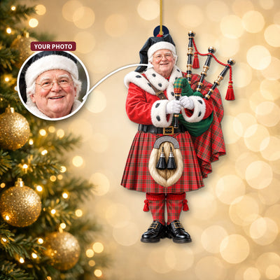 Clan Grant Weathered Tartan Christmas Piper Ornament with Custom Photo