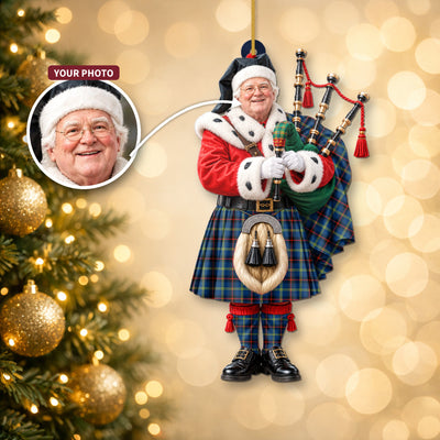 Clan Grewar Tartan Christmas Piper Ornament with Custom Photo