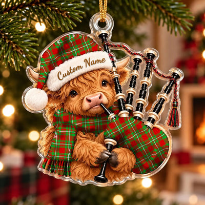 Clan Grierson Tartan Piper Highland Cow Ornament with Custom Name