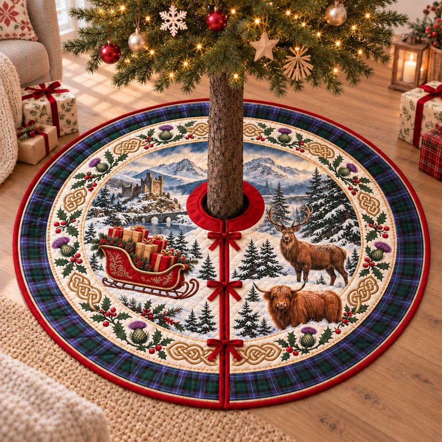 Guthrie Modern tartan Christmas tree skirt with a Scottish Highland scene, stag, Highland cow and thistles under a Christmas tree