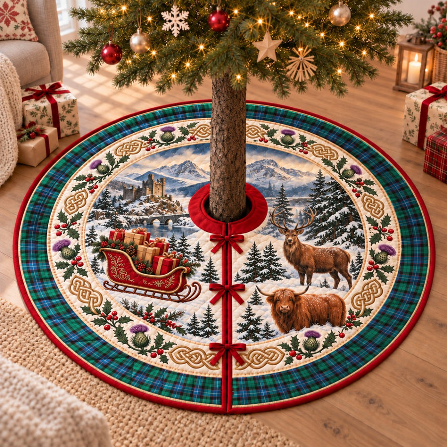 Hunter Ancient tartan Christmas tree skirt with a Scottish Highland scene, stag, Highland cow and thistles under a Christmas tree