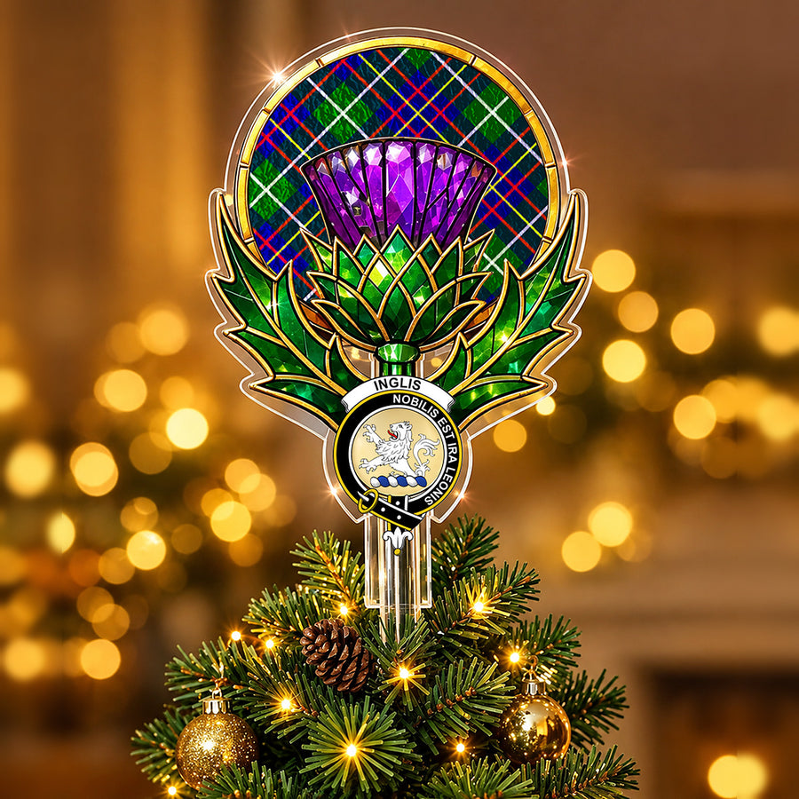 Clan Inglis crest in the centre of a stained-glass style thistle Christmas tree topper with the Inglis Modern tartan behind the thistle