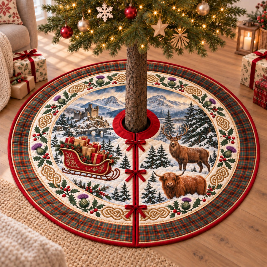 Innes Ancient tartan Christmas tree skirt with a Scottish Highland scene, stag, Highland cow and thistles under a Christmas tree